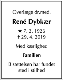 Dødsannoncen for René Dybkær - Klampenborg