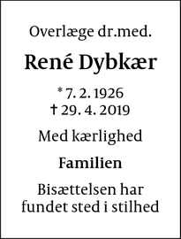 Dødsannoncen for René Dybkær - Klampenborg