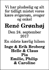 Dødsannoncen for René Grønhøj - Kongerslev