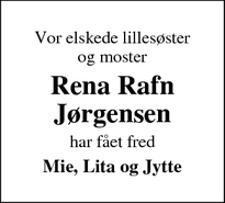 Dødsannoncen for Rena Rafn Jørgensen - Odense