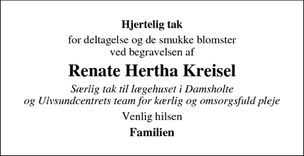 Taksigelsen for Renate Hertha Kreisel - Askeby (postnr)  men levede i Vindebæk