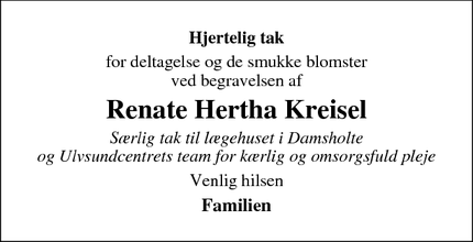 Taksigelsen for Renate Hertha Kreisel - Askeby (postnr)  men levede i Vindebæk