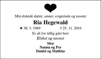 Dødsannoncen for Ria Hegewald - Esbjerg