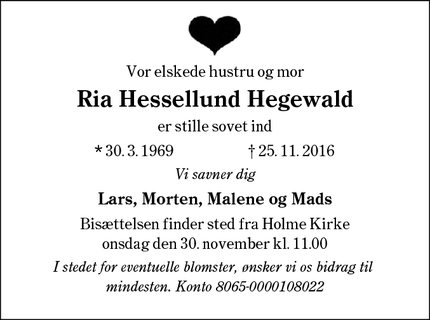 Dødsannoncen for Ria Hessellund Hegewald - Højbjerg