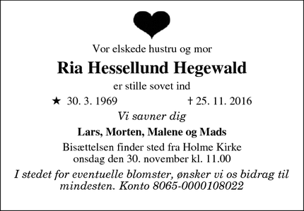 Dødsannoncen for Ria Hessellund Hegewald - Højbjerg