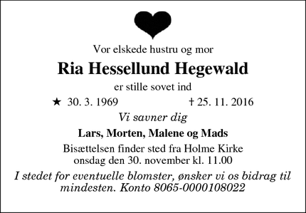 Dødsannoncen for Ria Hessellund Hegewald - Højbjerg