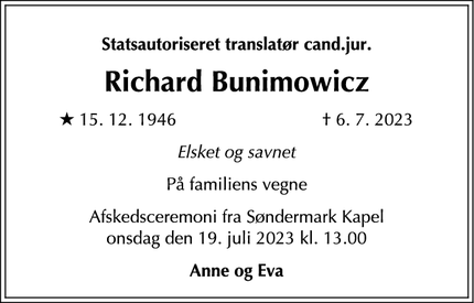 Dødsannoncen for Richard Bunimowicz - Frederiksberg
