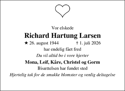 Dødsannoncen for Richard Hartung Larsen - Skælskør