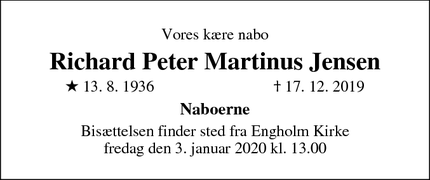 Dødsannoncen for Richard Peter Martinus Jensen - Allerød