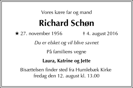 Dødsannoncen for Richard Schøn  - Humlebæk, Danmark