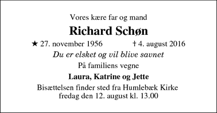 Dødsannoncen for Richard Schøn - Humlebæk, Danmark