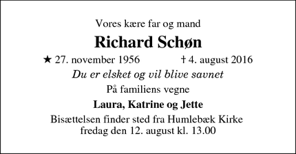 Dødsannoncen for Richard Schøn  - Humlebæk, Danmark