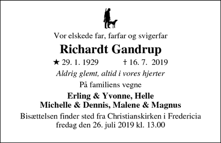 Dødsannoncen for Richardt Gandrup - Fredericia