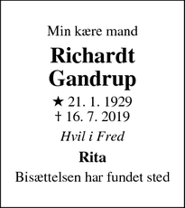 Dødsannoncen for Richardt
Gandrup - Fredericia