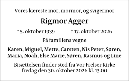 Dødsannoncen for Rigmor Agger - København S
