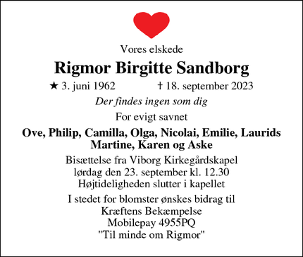 Dødsannoncen for Rigmor Birgitte Sandborg - Viborg