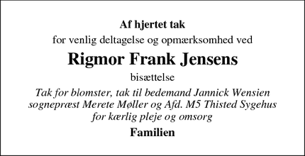 Taksigelsen for Rigmor Frank Jensens  - Stenbjerg 
