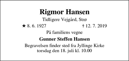 Dødsannoncen for Rigmor Hansen - Jyllinge