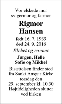 Dødsannoncen for Rigmor Hansen - Bramming 