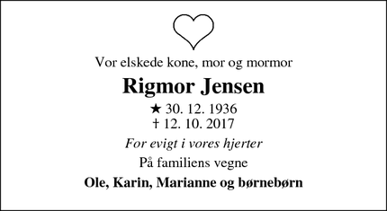 Dødsannoncen for Rigmor Jensen - Slagelse