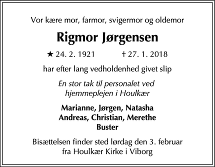 Dødsannoncen for Rigmor Jørgensen - Viborg