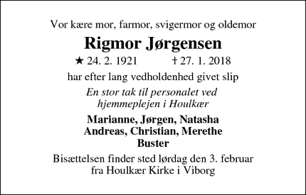 Dødsannoncen for Rigmor Jørgensen - Viborg