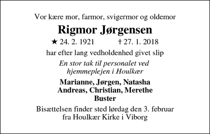 Dødsannoncen for Rigmor Jørgensen - Viborg