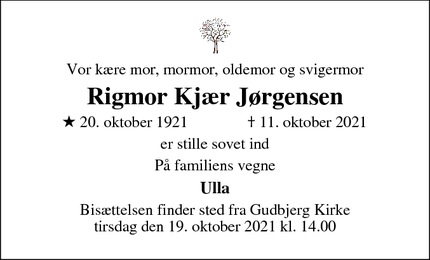 Dødsannoncen for Rigmor Kjær Jørgensen - Ferritslev Fyn