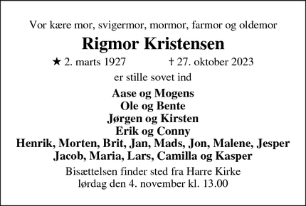 Dødsannoncen for Rigmor Kristensen - Roslev