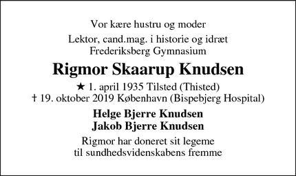 Dødsannoncen for Rigmor Skaarup Knudsen - Brønshøj
