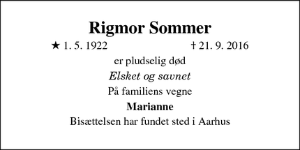 Dødsannoncen for Rigmor Sommer - Egå