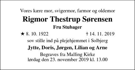 Dødsannoncen for Rigmor Thestrup Sørensen - 8355 Solbjerg