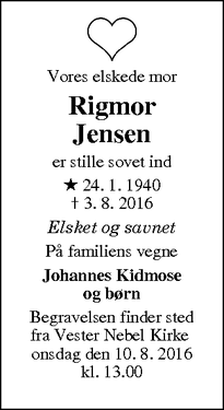 Dødsannoncen for Rigmor Jensen - Ågård