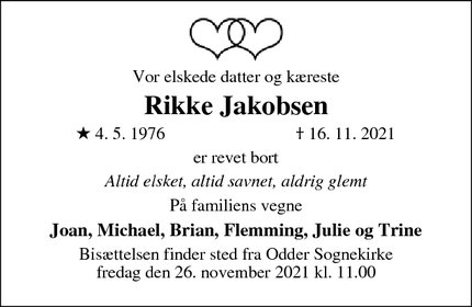 Dødsannoncen for Rikke Jakobsen - Odder