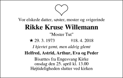 Dødsannoncen for Rikke Kruse Willemann - Assens