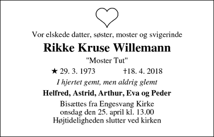 Dødsannoncen for Rikke Kruse Willemann - Assens