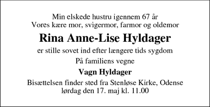 Dødsannoncen for Rina Anne-Lise Hyldager - Odense