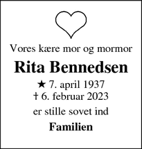 Dødsannoncen for Rita Bennedsen - Fredericia