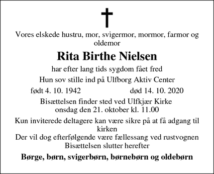 Dødsannoncen for Rita Birthe Nielsen - ingen