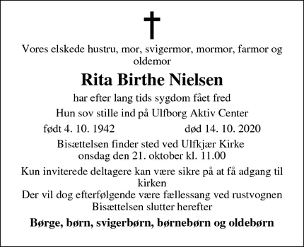 Dødsannoncen for Rita Birthe Nielsen - ingen