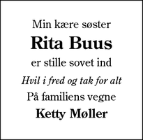 Dødsannoncen for Rita Buus - Åbenrå