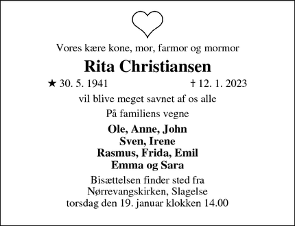 Dødsannoncen for Rita Christiansen - Slagelse