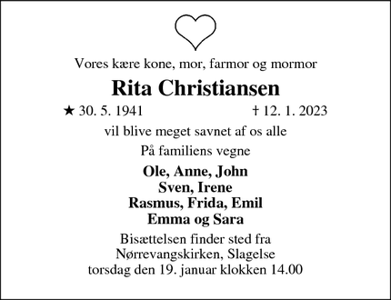 Dødsannoncen for Rita Christiansen - Slagelse