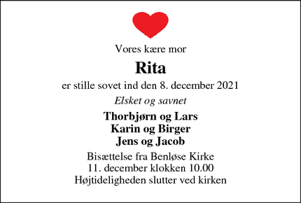 Dødsannoncen for Rita - Ringsted