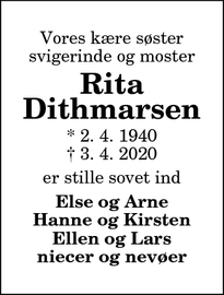 Dødsannoncen for Rita Dithmarsen - Løkken