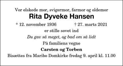 Dødsannoncen for Rita Dyveke Hansen - Maribo
