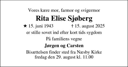 Dødsannoncen for Rita Elise Sjøberg - Odense