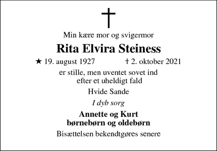 Dødsannoncen for Rita Elvira Steiness - Hvide Sande