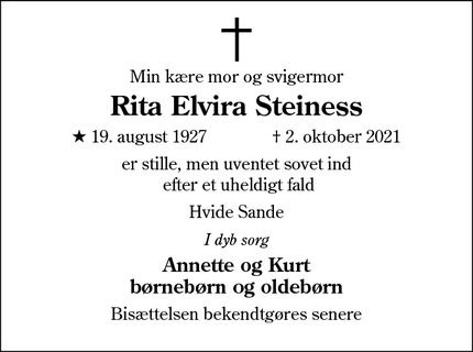 Dødsannoncen for Rita Elvira Steiness - Hvide Sande