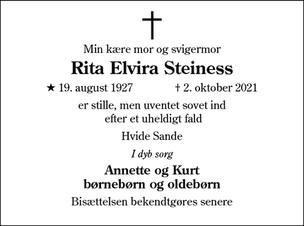 Dødsannoncen for Rita Elvira Steiness - Hvide Sande